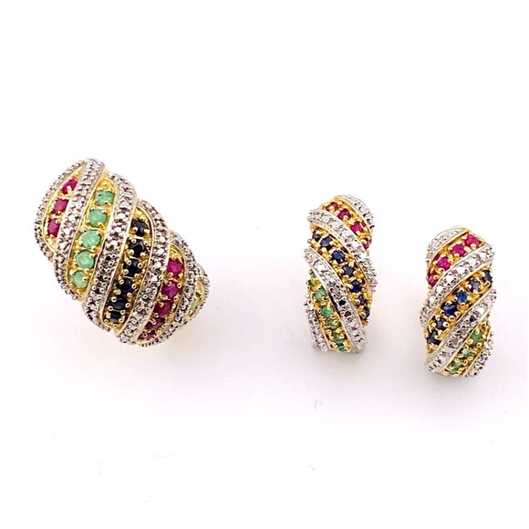 Ross Simmons Gold Over Sterling Set Multi Gem Bombe Ring n Huggie Hoop Earrings - Picture 3 of 15